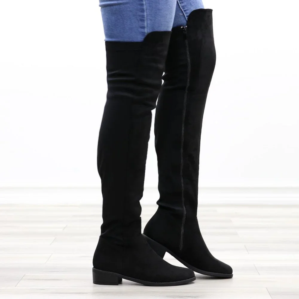 Low Heel Thigh High Boots Womens Over The Knee Suede & Stretchy Material Mix - Picture 5 of 14